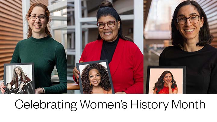 Four women stand holding a photo frame with a famous woman, celebrating Women's History Month on the Kimmel Cultural Campus