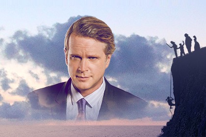 Cary Elwes' face image with cliff with four people on top
