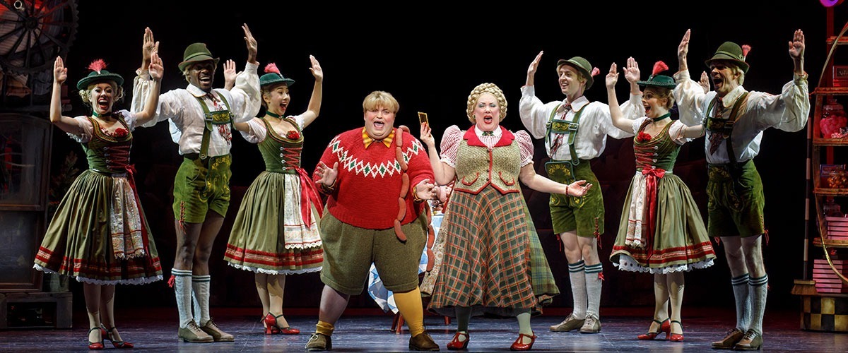 Matt Wood as Augustus Gloop, Kathy Fitzgerald as Mrs. Gloop, and company. Roald Dahl’s CHARLIE AND THE CHOCOLATE FACTORY. Photo by Joan Marcus ©