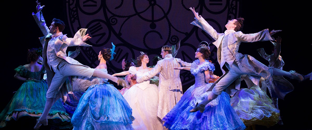 Kaitlyn Mayse and Lukas James Miller (center) and the cast of Rodgers + Hammerstein’s Cinderella.  © Carol Rosegg
