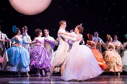 Lukas James Miller and Kaitlyn Mayse (in white) and the cast of Rodgers + Hammerstein’s Cinderella.  © Carol Rosegg