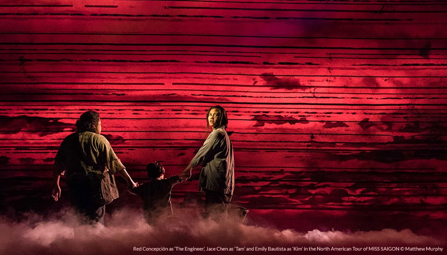 (From L) Red Concepción as ‘The Engineer,’ Jace Chen as ‘Tam’ and Emily Bautista as ‘Kim’ in the North American Tour of MISS SAIGON © Matthew Murphy