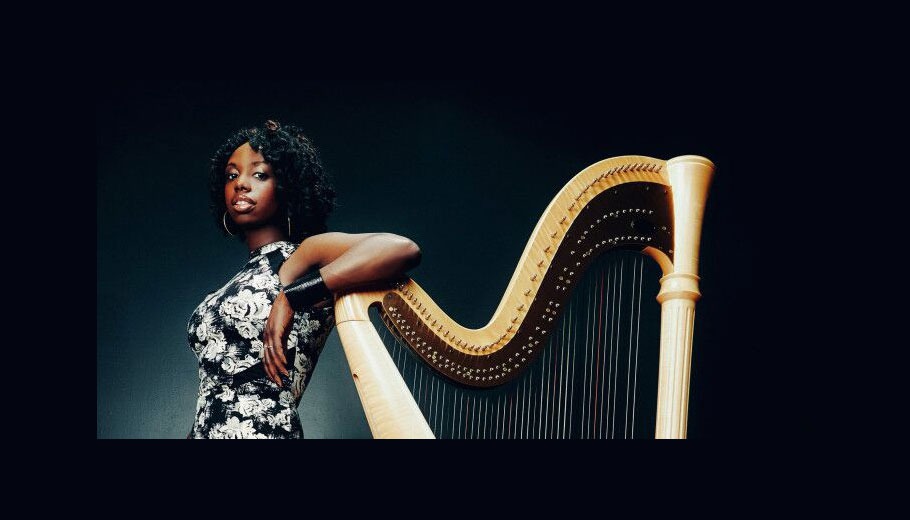 Brandee Younger pictured with harp