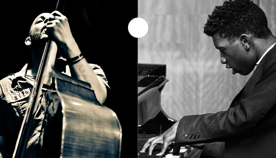Photo compilation of Eric Revis playing bass and Julius Rodriguez playing piano