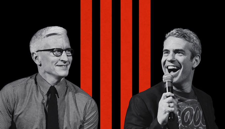 Anderson Cooper and Andy Cohen on a black background with red stripes up the center