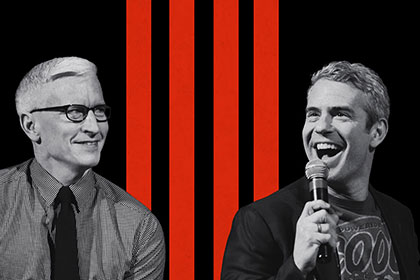 Anderson Cooper and Andy Cohen on a black background with red stripes up the center