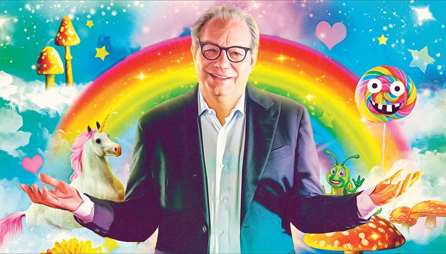 Lewis Black pictured against a rainbowed icon background