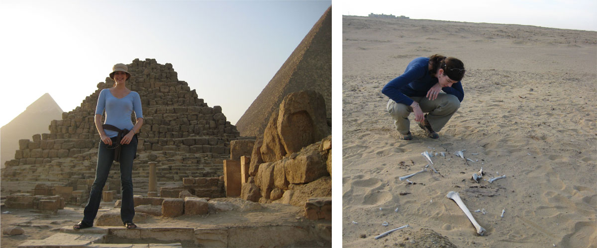 Kara Cooney in the desert in front of pyramids
