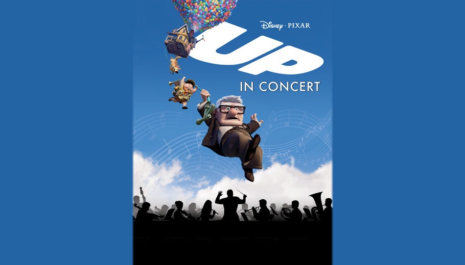 Up in Concert poster with balloons carrying a house, dog, child, and elderly man
