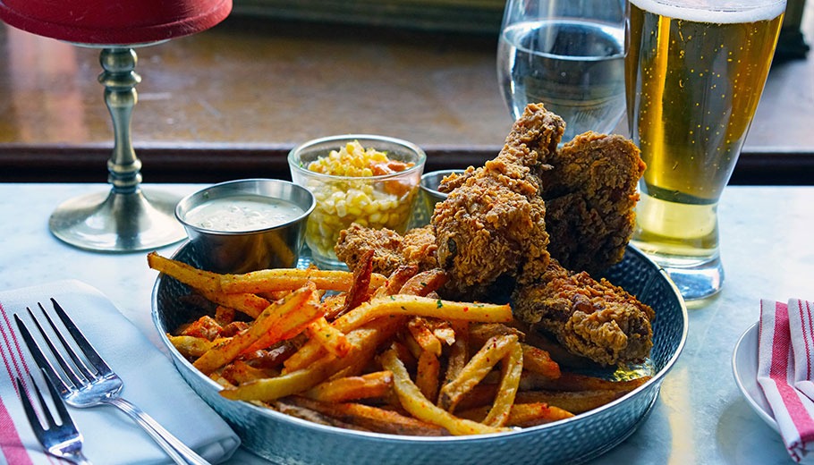 Fried chicken, fries, and a beer