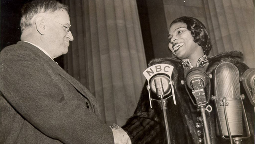 Marian Anderson shakes hands with Harold L. Ickes at the Lincoln Memorial | April 09, 1939